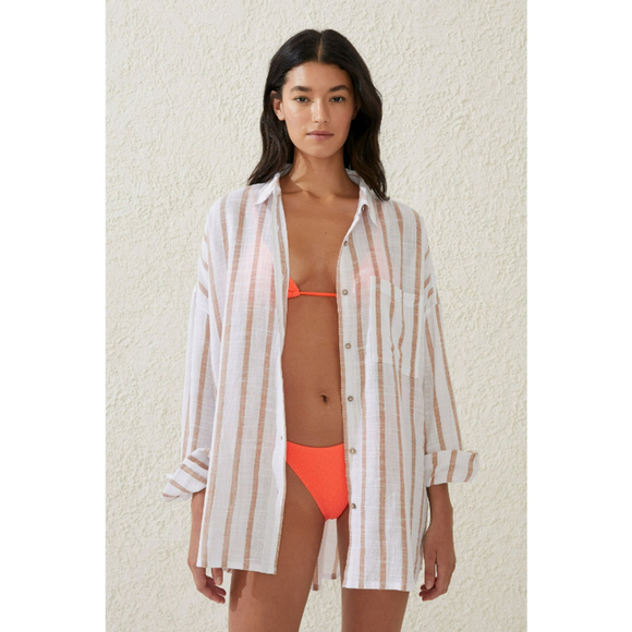 Cotton On Other - Cotton On Women's Large Brown White Striped Swing Beach Cover Up Shirt NWT